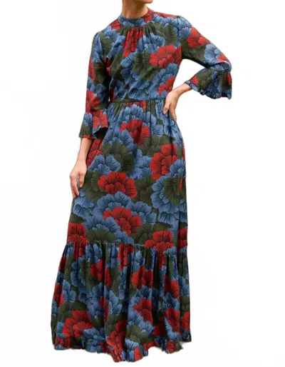 Oliphant High Neck Bell Maxi Dress In Madrid Blue In Multi