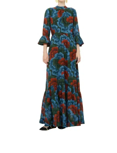 Oliphant High Neck Bell Sleeve Maxi Dress In Madrid Blue In Multi