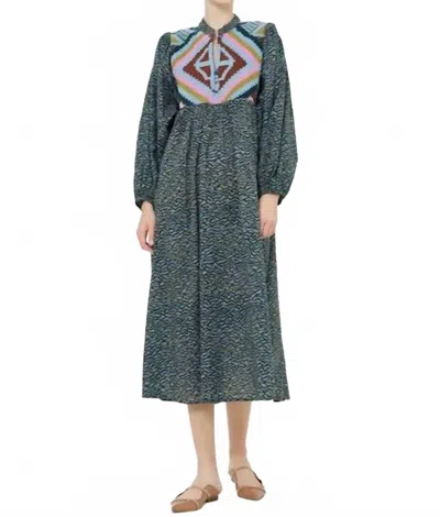 Oliphant Mandarin Balloon Sleeve Midi Dress In Jag Navy In Multi