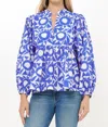 Oliphant Mandarin Long Balloon Sleeves Top In Eclipse Blue In Multi