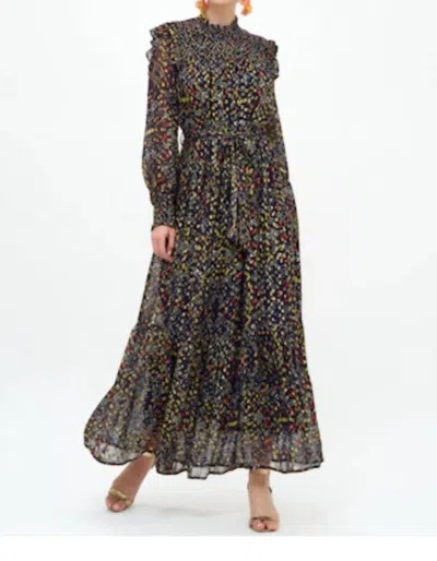 Oliphant Mini Dot Smocked Neck Maxi Dress In Indigo Gold In Multi