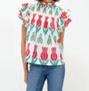 Oliphant Pintuck Ruffle Top In Sumba Red In Multi