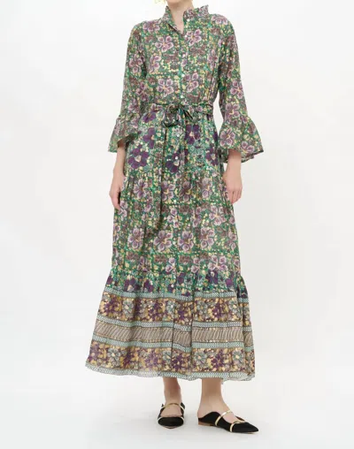 Oliphant Ruffle Collar Bell Maxi Dress In Matera Green In Multi