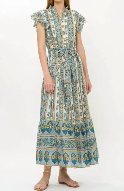 Oliphant Ruffle Collar Button Maxi Dress In Taj Blue In Multi