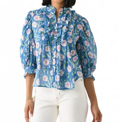 Oliphant Ruffle Front Button Blouse In Blue