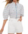 Oliphant Ruffle Front Button Blouse In Ellis Blue In White