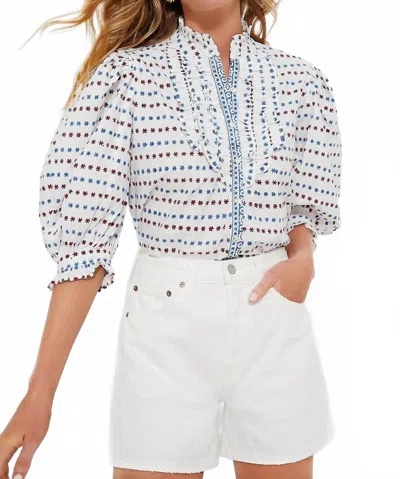 Oliphant Ruffle Front Button Blouse In Ellis Blue In White