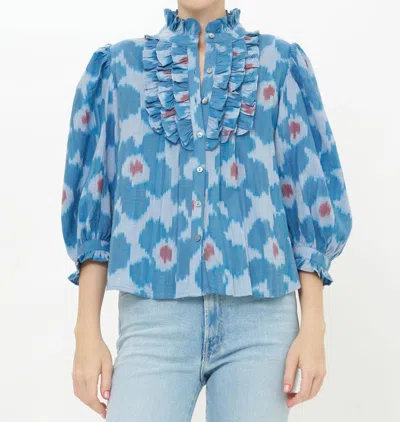 Oliphant Ruffle Front Button Blouse In Jinja In Blue