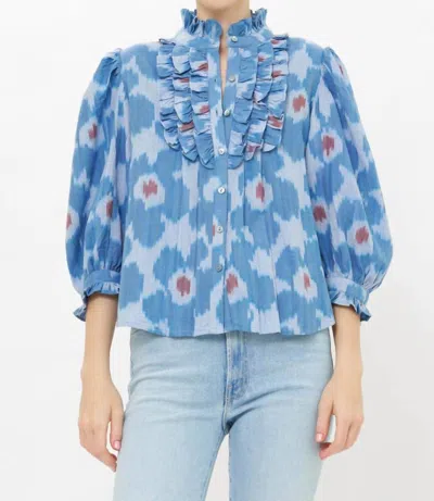 Oliphant Ruffle Front Button Blouse In Jinja Blue
