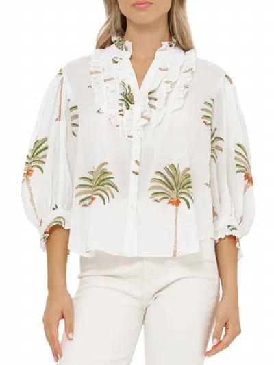 Oliphant Ruffle Front Button Top In Canary Green In White