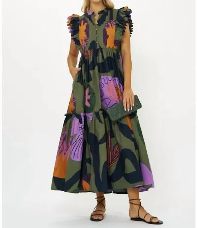 Oliphant Scallop Pintuck Maxi Dress In Bergen Olive In Multi