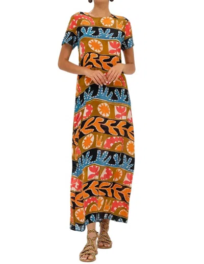 Oliphant Short Sleeve Shift Maxi Dress In Canyon Red In Multi