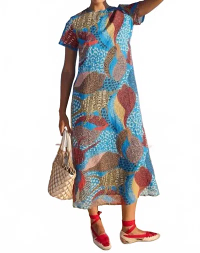 Oliphant Short Sleeve Shift Midi Dress In Nautilus Blue In Multi