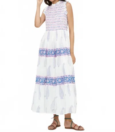 Oliphant Sleeveless Smocked Maxi Dress In Aptos Blue In White