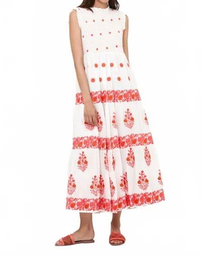 Oliphant Sleeveless Smocked Maxi Dress In Calistoga Coral In White