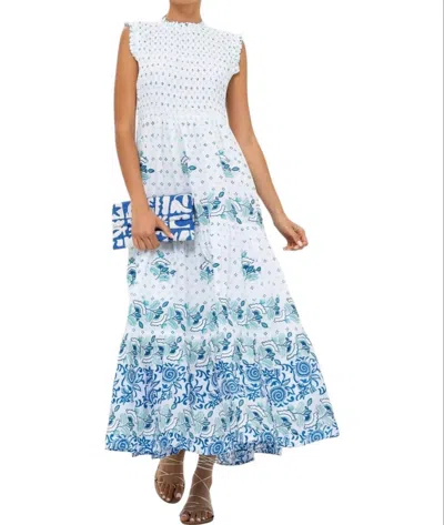 Oliphant Sleeveless Smocked Maxi Dress In Corfu Blue In White