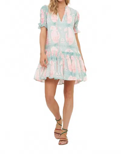 Oliphant Smocked Drop Mini Dress In Samode Green In Blue