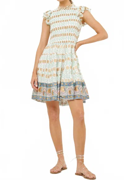 Oliphant Smocked Flirty Short Dress In Geneva Green In White