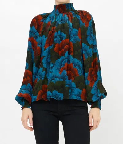 Oliphant Smocked High Neck Blouse In Madrid Blue In Multi