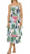 Oliphant Smocked Tie Strap Ruffle Midi Dress In Riviera Sage In Multi