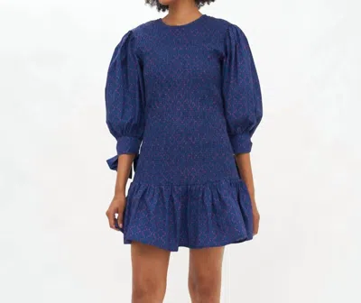 Oliphant Smocked Tie Sleeve Mini Dress In Navy Morocco In Blue