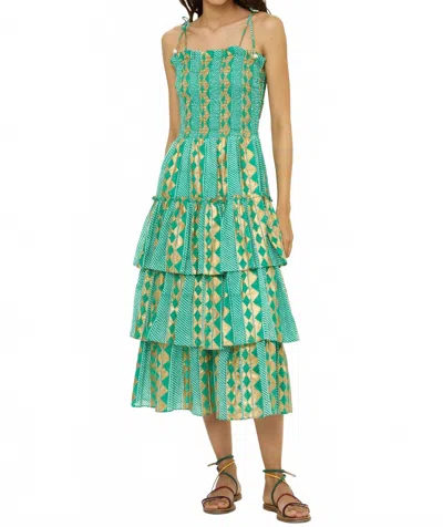 Oliphant Smocked Tie Strap Ruffle Midi Dress In Ascot Teal In Green
