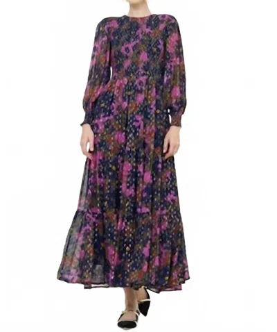 Oliphant Smocked Top Maxi Dress In Suzani Navy In Purple