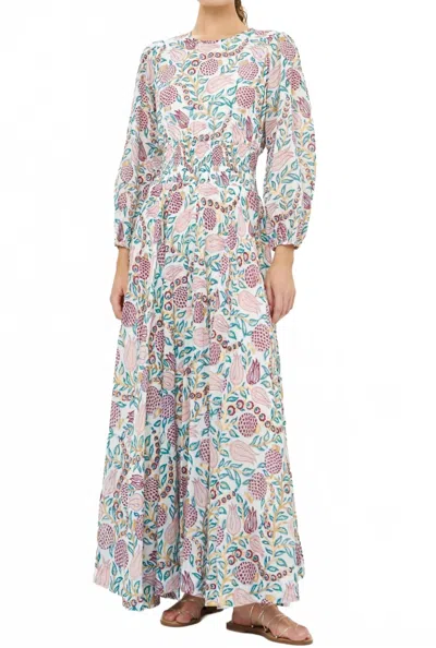 Oliphant Smocked Waist Crewneck Maxi Dress In Tupi Teal In Multi