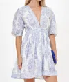 Oliphant V-neck Puff Mini Dress In Marseille Blue In White