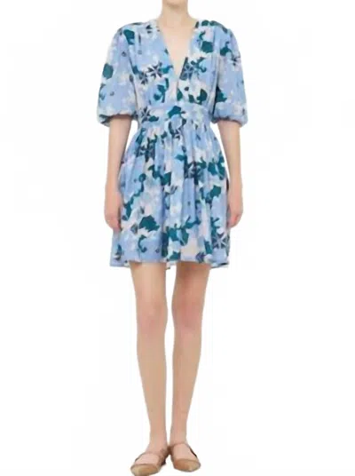 Oliphant V-neck Puff Mini Dress In Suzani Blue