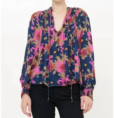 Oliphant V-neck Pintuck Blouse In Navy In Multi