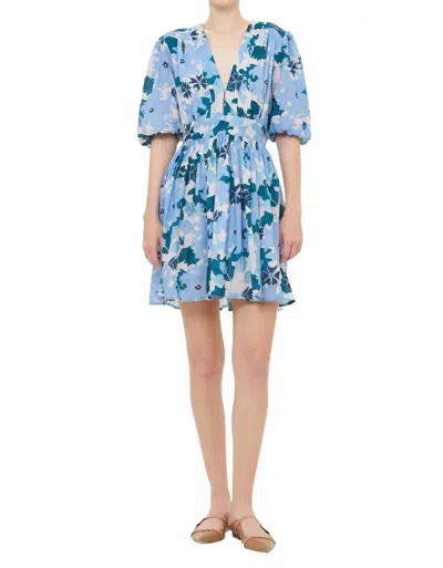 Oliphant V-neck Puff Mini Dress In Suzani Blue