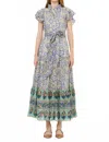 Oliphant Women's Ruffle Collar Button Maxi Dress In Ivy Cobalt In Animal Print