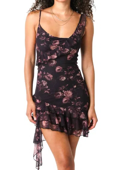 Olivaceous Asymmetric Hem Floral Dress In Black Floral