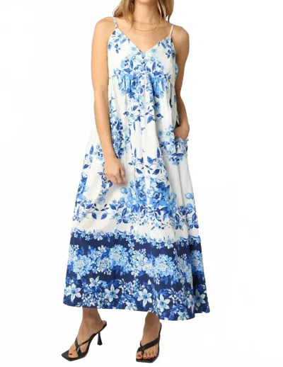 Olivaceous Azure Bloom Maxi Dress In White/blue In Multi