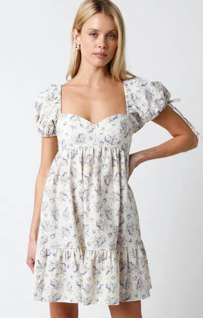 Olivaceous Bardot Floral Babydoll Dres In Taupe Blue In White