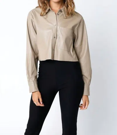 Olivaceous Bette Cropped Faux Leather Button Down In Taupe In Beige