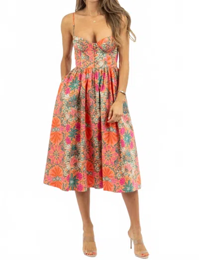 Olivaceous Blossom Print Midi Dress In Orange Multi