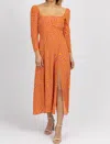 Olivaceous Checked Squareneck Midi Dress In Orange In Orange