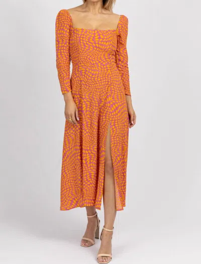 Olivaceous Checked Squareneck Midi Dress In Orange