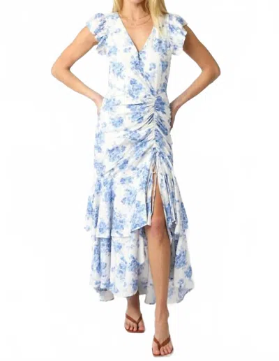 Olivaceous Cinched Ruffle Maxi Dress In White/blue