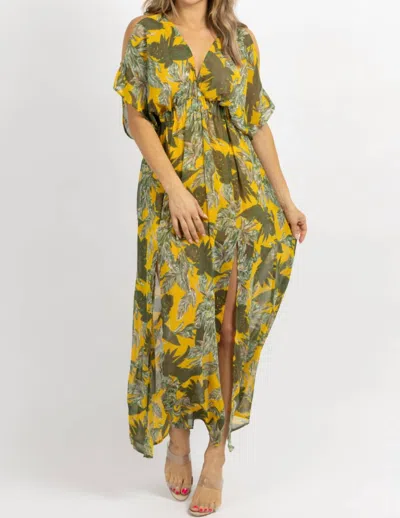 Olivaceous Cold Shoulder Maxi Dress In Yellow Palm In Multi
