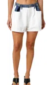 Olivaceous Contrast Waistband Denim Shorts In White/blue In Multi