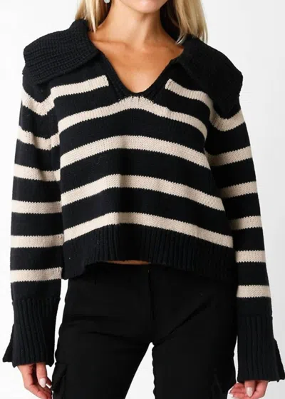 Olivaceous Drama Collar Stripe Sweater In Black