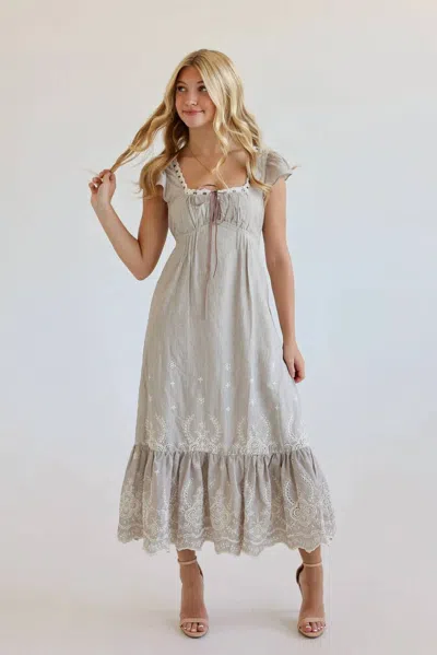 Olivaceous Elena Eyelet Midi Dress In Beige In Gray