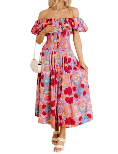 Olivaceous Elora Fiesta Bloom Smocked Midi Dress In Pink