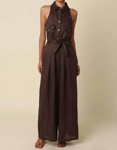 Olivaceous Eve Utility Belted Linen Jumpsuit In Coffee Bean In Multi