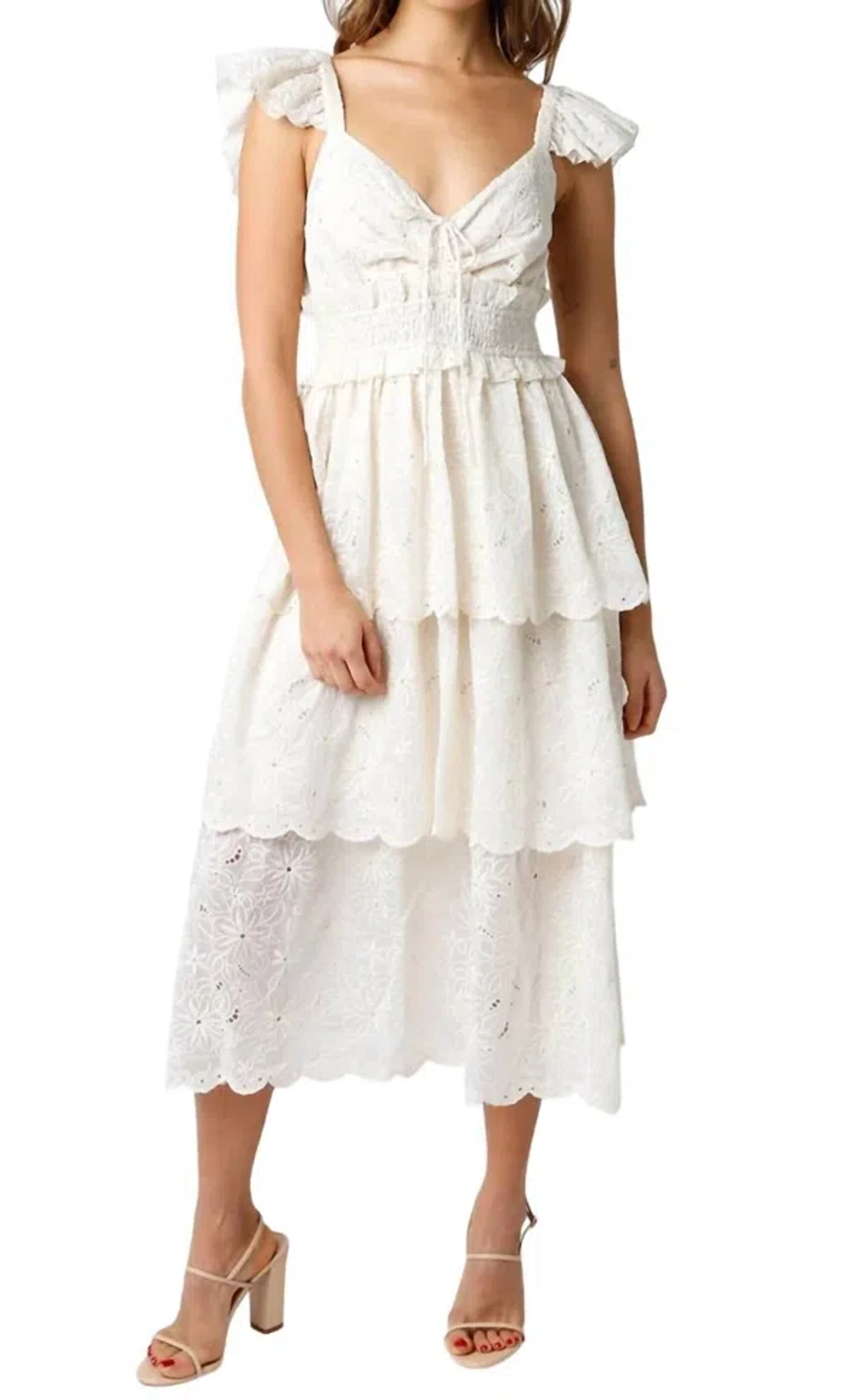 knee length dresses for ladies Alena Eyelet Lace Dress in Beige