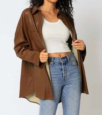 Olivaceous Faux Leather Oversized Shacket In Brown