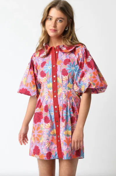 Olivaceous Groovy Floral Puff Sleeve Mini Dress In Pink Multi